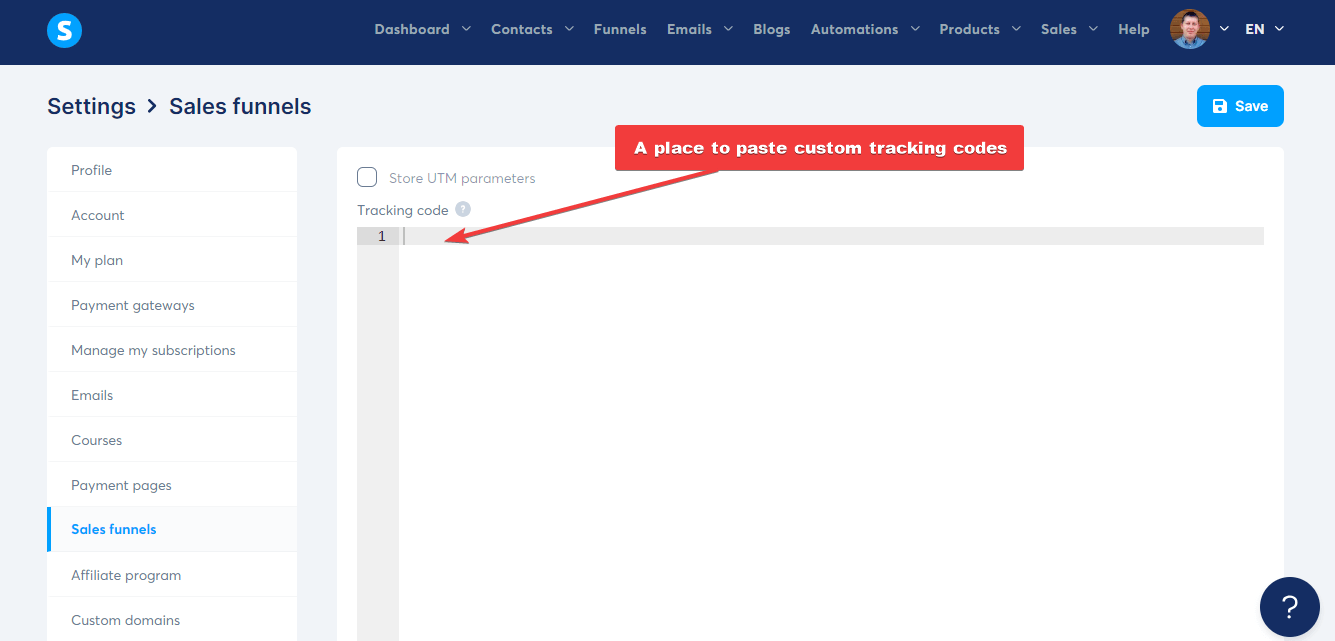 a place in Sales funnel software paste tracking codes